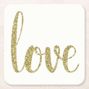 Gold paper coasters, love, glitter font square paper coaster