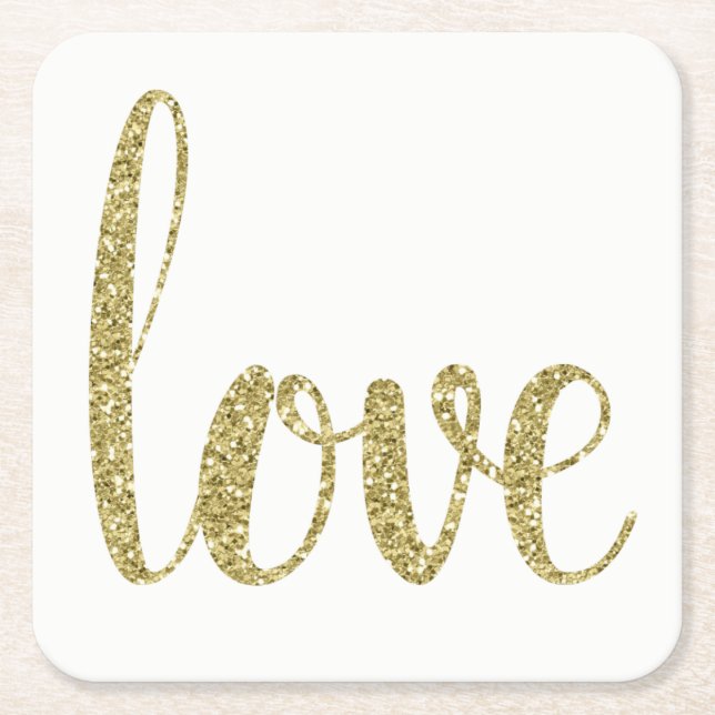 Gold paper coasters, love, glitter font square paper coaster (Front)