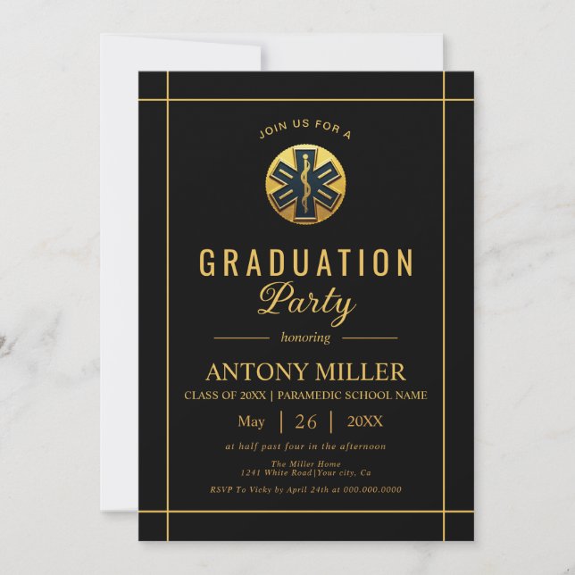 Gold paramedic EMT Class Of 2025 black graduation Invitation (Front)
