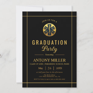 Gold paramedic EMT Class Of 2025 black graduation Invitation