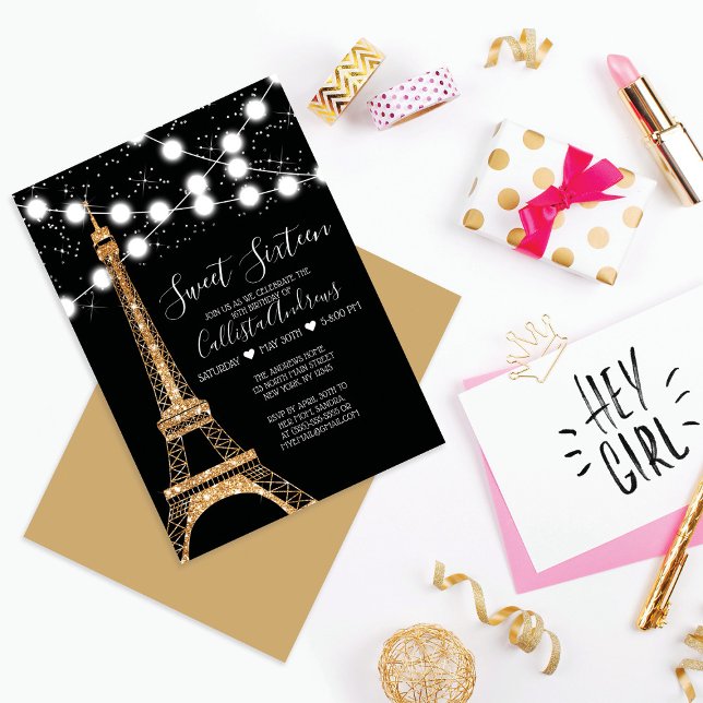 Gold Paris Eiffel Tower Glitter Lights Sweet 16 Invitation (Creator Uploaded)