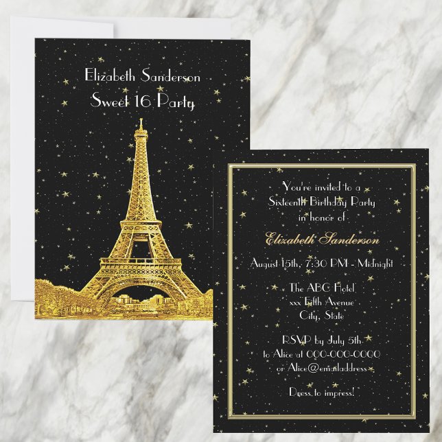 Gold Paris France Skyline #2 Bk Starry Sweet 16 V Invitation (Creator Uploaded)