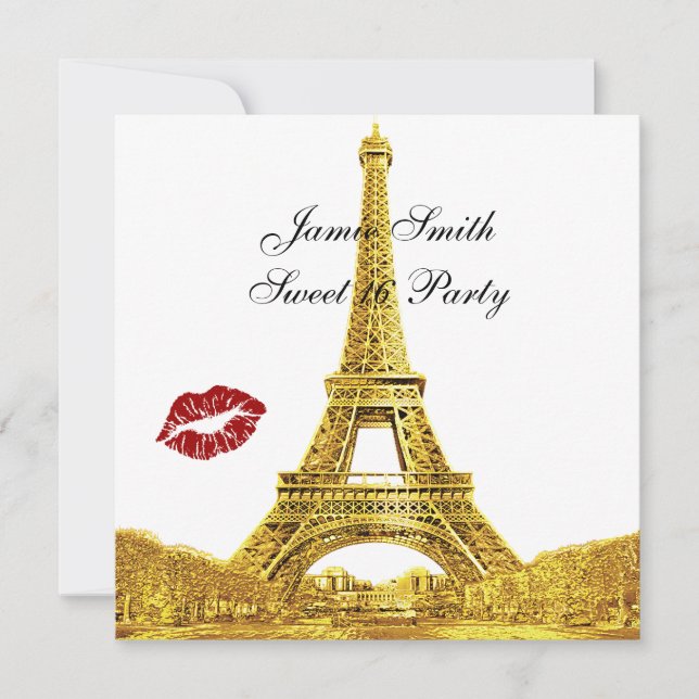 Gold Paris France Skyline Kiss #2 Sweet 16 SQ Invitation (Front)