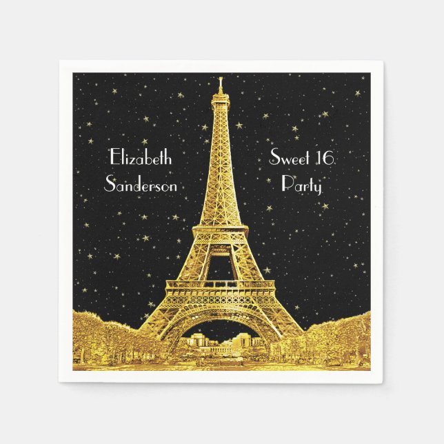 Gold Paris Skyline #2 Black Starry Sweet 16 SQ Napkin (Front)