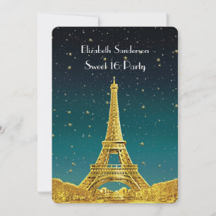 Gold Paris Skyline #2 Teal Starry Sweet 16 V Invitation