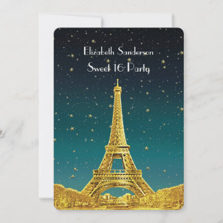 Gold Paris Skyline #2 Teal Starry Sweet 16 V Invitation