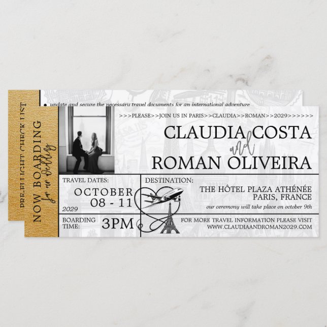 Gold Paris Wedding Boarding Pass Invitation (Front/Back)