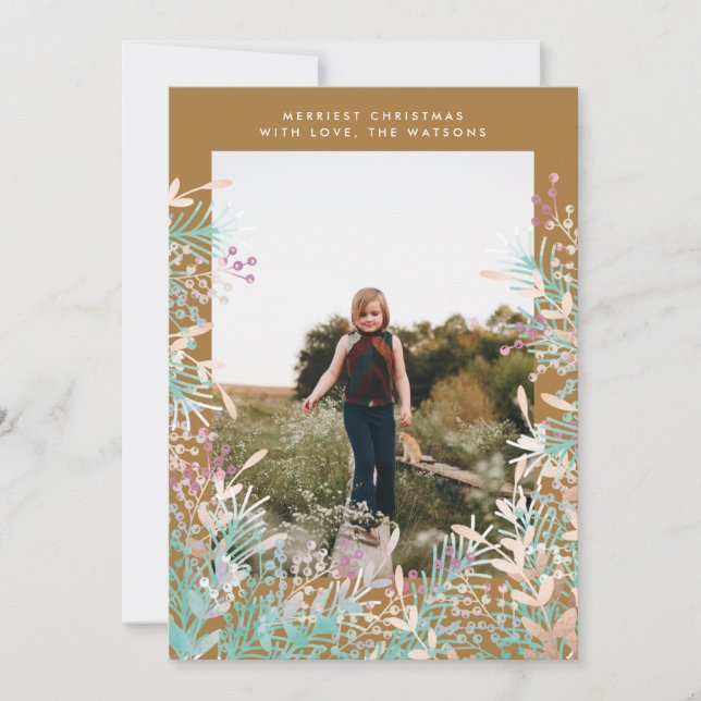 Gold Pastel Berries Christmas Holiday Photo Card (Front)