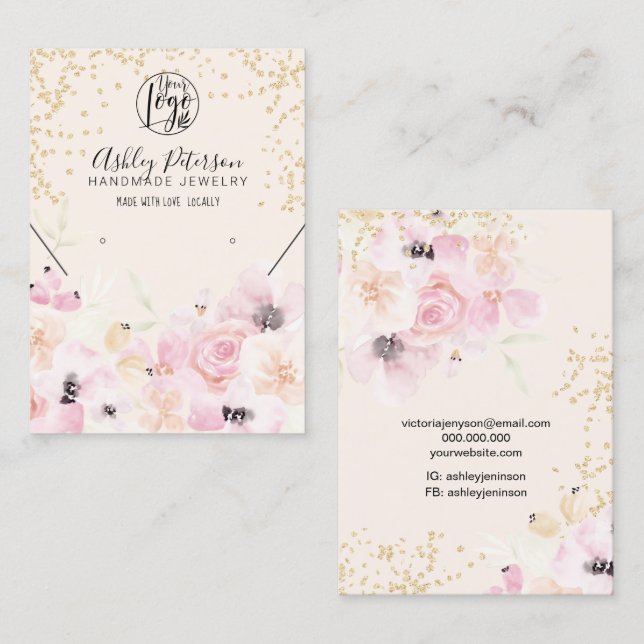 Gold pastel floral logo jewellery earring necklace business card (Front/Back)