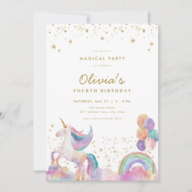 Gold Pastel Rainbow Unicorn Birthday Invitation (Front)
