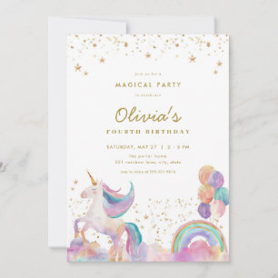 Gold Pastel Rainbow Unicorn Birthday Invitation