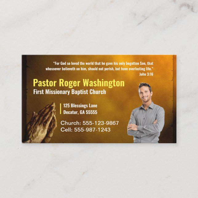 Gold Pastor or Deacon Photo Church Business Card (Front)