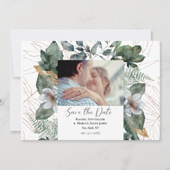 Gold Pattern Tropical Leaves Save the Date Invitation (Front)