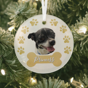 Gold Paw Prints Bone-Shaped Name Tag & Dog Picture Glass Tree Decoration