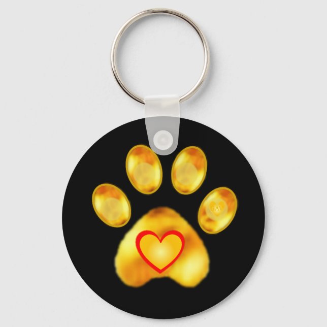 Gold Paw with Heart on Black Key Ring (Front)