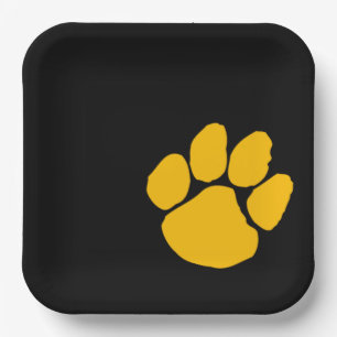 Gold Pawprint on Black Paper Party Plates