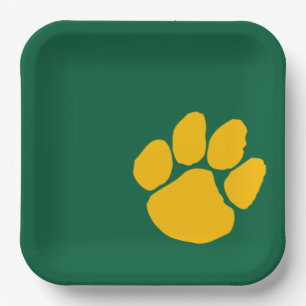 Gold Pawprint on Green Paper Party Plates