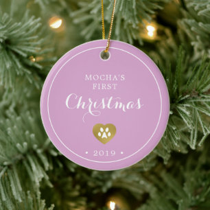 Gold Pawprints Cat's First Christmas Photo Ceramic Tree Decoration