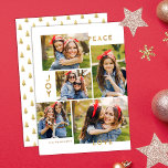 Gold Peace Joy Love 5 Photo Collage Christmas Holiday Card<br><div class="desc">This stylish five photo collage Christmas card features modern typography reading,  PEACE,  JOY,  and LOVE in faux gold foil. The back of the card contains a matching faux foil Christmas trees pattern over a custom colour background (shown in white).</div>
