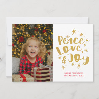 Gold Peace Love & Joy Holiday Photo Christmas Card