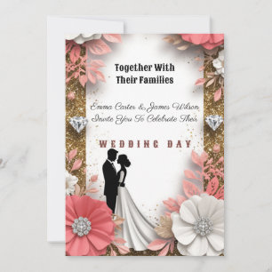💍 Gold Peach Floral Wedding On Spring Background  Invitation