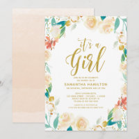 Gold Peach Floral Wreath Girl Baby Shower