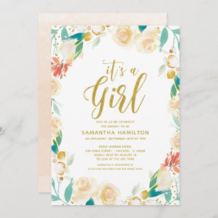 Gold Peach Floral Wreath Girl Baby Shower Invitation