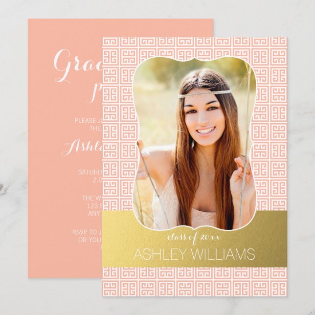 Gold Peach Greek Key Photo Graduation Announcement (Front/Back)