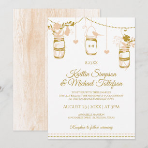Gold & Peach Mason Jar Wedding Invitations   Wood