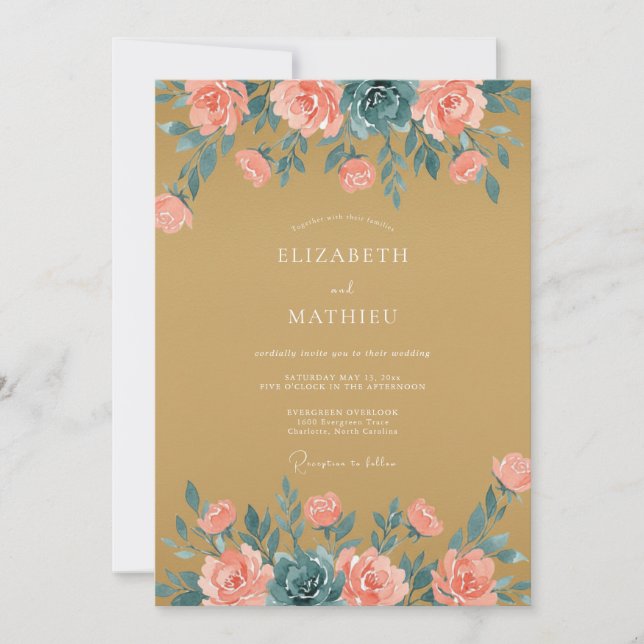 Gold Peach Romantic Floral Wedding Invitation (Front)