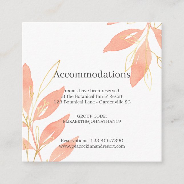 Gold Peach Watercolor Floral Wedding Accomodation Enclosure Card (Front)