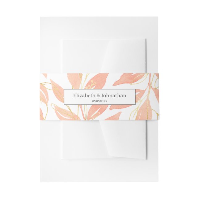 Gold Peach Watercolor Floral Wedding Invitation Belly Band (Front Example)