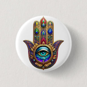 Gold Peacock Colors Hamsa Green Sapphire Third Eye 3 Cm Round Badge