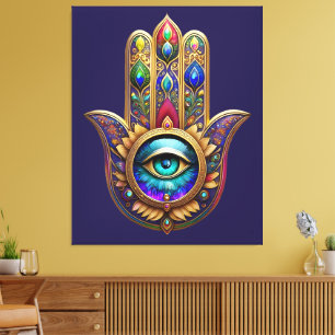 Gold Peacock Colors Hamsa Green Sapphire Third Eye Canvas Print