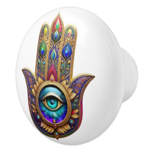 Gold Peacock Colors Hamsa Green Sapphire Third Eye Ceramic Knob