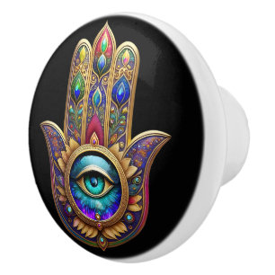 Gold Peacock Colors Hamsa Green Sapphire Third Eye Ceramic Knob
