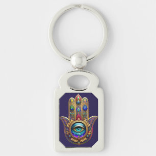 Gold Peacock Colors Hamsa Green Sapphire Third Eye Key Ring