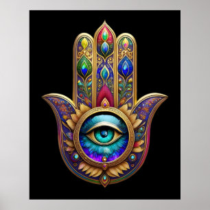 Gold Peacock Colors Hamsa Green Sapphire Third Eye Poster