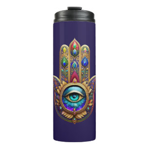 Gold Peacock Colors Hamsa Green Sapphire Third Eye Thermal Tumbler