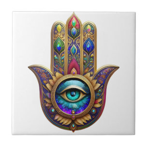 Gold Peacock Colors Hamsa Green Sapphire Third Eye Tile