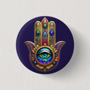 Gold Peacock Colours Hamsa Green Sapphire Third Ey 3 Cm Round Badge