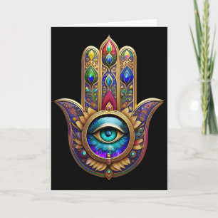 Gold Peacock Colours Hamsa Green Sapphire Third Ey Card