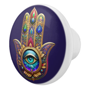 Gold Peacock Colours Hamsa Green Sapphire Third Ey Ceramic Knob