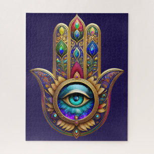 Gold Peacock Colours Hamsa Green Sapphire Third Ey Jigsaw Puzzle