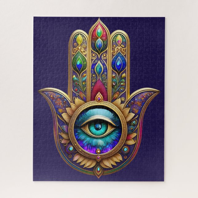 Gold Peacock Colours Hamsa Green Sapphire Third Ey Jigsaw Puzzle (Vertical)