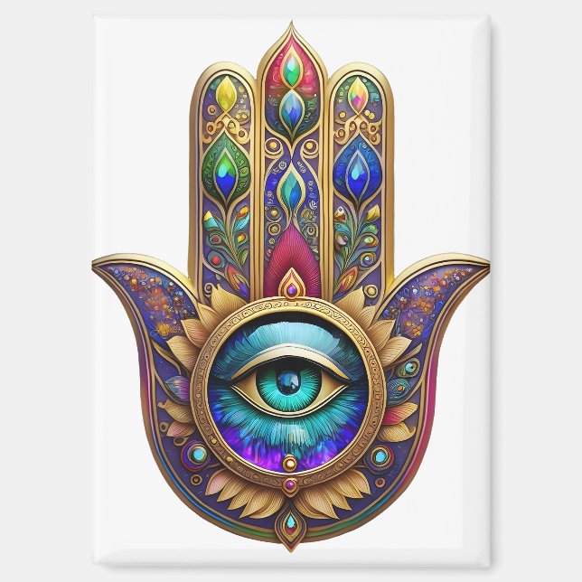 Gold Peacock Colours Hamsa Green Sapphire Third Ey Magnet (Front)