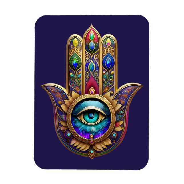 Gold Peacock Colours Hamsa Green Sapphire Third Ey Magnet (Vertical)