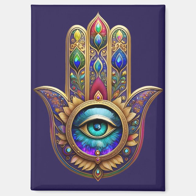 Gold Peacock Colours Hamsa Green Sapphire Third Ey Magnet (Front)