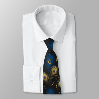 Gold Peacock Feather Black Blue Mens Necktie