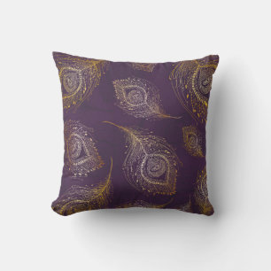 Gold peacock feather in violet background cushion